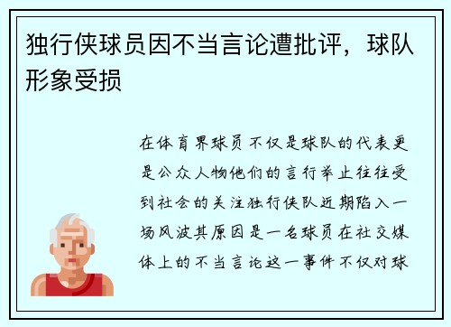 独行侠球员因不当言论遭批评，球队形象受损