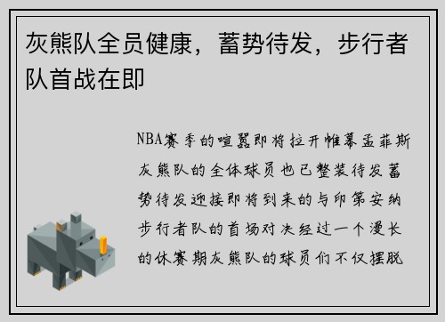 灰熊队全员健康，蓄势待发，步行者队首战在即